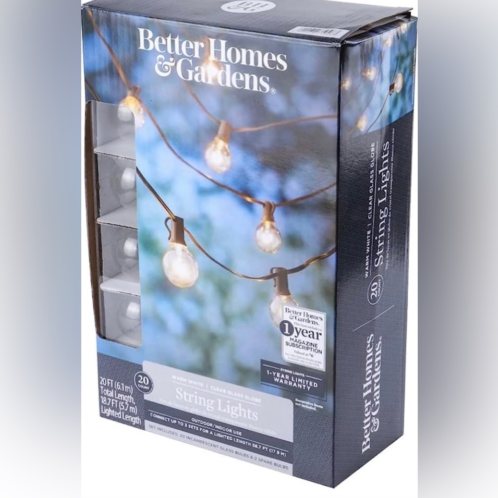 Better Home & Gardens Warm White Clear Glass Globe String Lights NWT